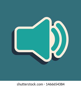 Green Speaker volume icon - audio voice sound symbol, media music icon isolated on blue background. Long shadow style. Vector Illustration