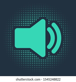 Green Speaker volume icon - audio voice sound symbol, media music icon isolated on blue background. Abstract circle random dots. Vector Illustration