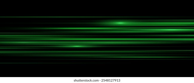 Efecto especial verde, línea de velocidad. Rayos láser, rayos de luz Horizontales. Bengalas brillantes y luces intermitentes. Sendero luminoso. Efecto de movimiento de partículas. Magia de mover líneas rápidas. 