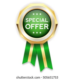 Green special offer rosette, badge with gold border on white background