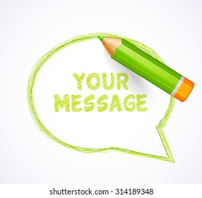 Green speech bubble drawn with highly detailed green pencil. Sketch pencil drawing. Hand-drawn pencil banner with place for text. Vector doodles. 