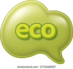 Green speech bubble with eco text. Glossy icon for ecology and sustainability conversation.