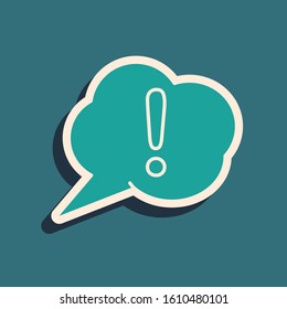 Green Speech bubble and Exclamation icon isolated on blue background. FAQ sign. Copy files, chat speech bubble and chart. Long shadow style. Vector Illustration