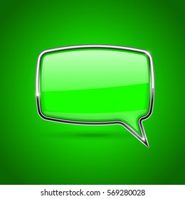 Green speech bubble. Rectangular 3d icon with chrome frame. Vector illustration on green background