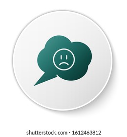 Green Speech bubble with sad smile icon isolated on white background. Emoticon face. White circle button. Vector Illustration