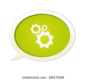 The green speech bubble with the setting symbol / the glossy bubble with cogwheel icon / the cogwheel icon