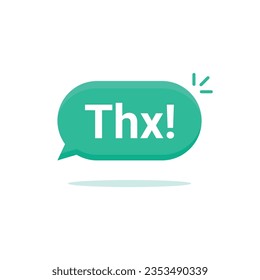 green speech bubble with short thx word. concept of thankfulness popup message for chatting or small talk pictogram. flat simple trend modern logotype graphic art design element isolated on white