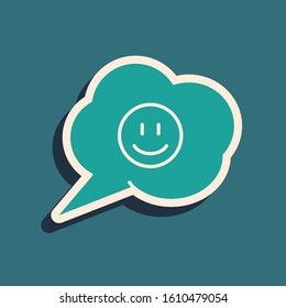 Green Speech bubble with smile face icon isolated on blue background. Smiling emoticon. Happy smiley chat symbol. Long shadow style. Vector Illustration