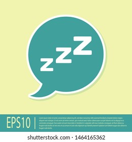 Green Speech bubble with snoring icon isolated on yellow background. Concept of sleeping, insomnia, alarm clock app, deep sleep, awakening.  Vector Illustration
