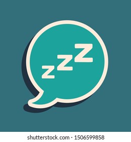 Green Speech bubble with snoring icon isolated on blue background. Concept of sleeping, insomnia, alarm clock app, deep sleep, awakening. Long shadow style. Vector Illustration