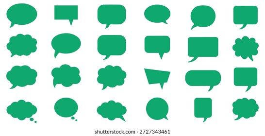 Bolhas de fala verdes em diferentes formas e tamanhos em um fundo branco para representação de bate-papo e diálogo