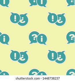Green Speech bubbles with Question and Exclamation icon isolated seamless pattern on yellow background. FAQ sign. Copy files, chat speech bubble and chart.  Vector Illustration