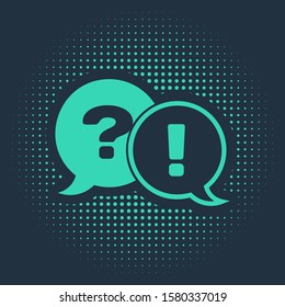 Green Speech bubbles with Question and Exclamation icon isolated on blue background. FAQ sign. Copy files, chat speech bubble and chart. Abstract circle random dots. Vector Illustration
