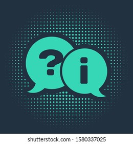 Green Speech bubbles with Question and Exclamation icon isolated on blue background. FAQ sign. Copy files, chat speech bubble and chart. Abstract circle random dots. Vector Illustration