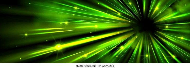 Green speed light effect burst from circle vector background. Abstract neon energy tunnel with radial flash explosion. Laser ray dynamic power glow with sparkle futuristic bg. Time lapse technology