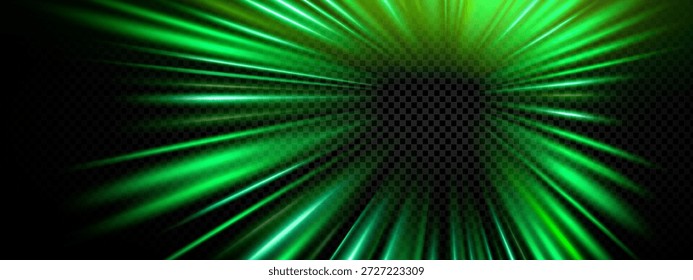 Grüne Geschwindigkeitsleuchte mit Linieneffekt Auto und Neon-Technologie weiß. Gelber Blitz schwarz mit Streifen grüne Sonne und blaue png Laser. Flare Anime grün mit Glühstrahl Linie und Geschwindigkeit Unschärfe Effekt.