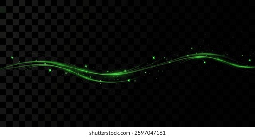 Green Speed ​​Lines, Light in Motion, Glowing Light Trails with Sparkles. Vector decoration.