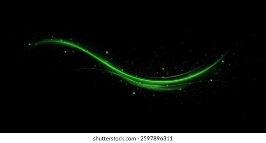 Green Speed ​​Lines, Light in Motion, Glowing Light Trails with Sparkles. Vector decoration.