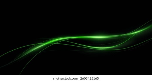 Green Speed ​​Lines, Light in Motion, Glowing Light Trails with Sparkles. Vector decoration.