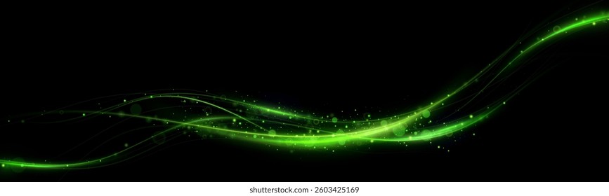 Green Speed ​​Lines, Light in Motion, Glowing Light Trails with Sparkles. Vector decoration.