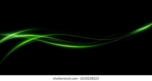 Green Speed ​​Lines, Light in Motion, Glowing Light Trails with Sparkles. Vector decoration.