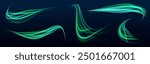 Green speed line wavy shape on dark background. High speed green waves for eco-design. Laser beams luminous abstract sparkling isolated on a transparent background.	