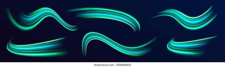 Green speed line wavy shape on dark background. High speed green waves for eco-design. Laser beams luminous abstract sparkling isolated on a transparent background.	