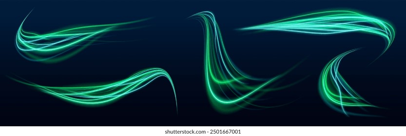 Green speed line wavy shape on dark background. High speed green waves for eco-design. Laser beams luminous abstract sparkling isolated on a transparent background.	