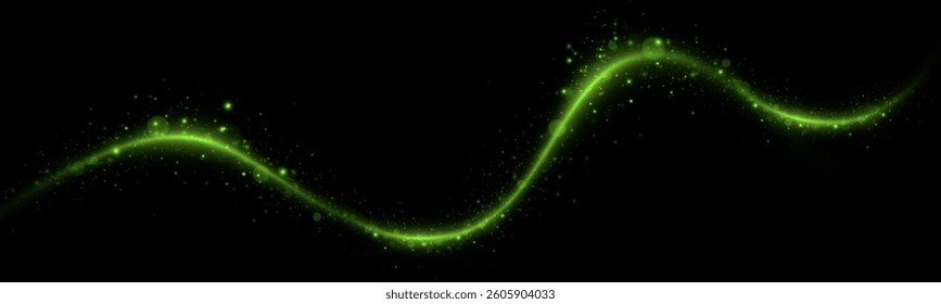 Green speed lines, light in motion, glowing light trails with sparkles. Vector decor wind.