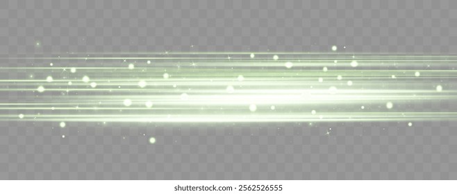 Green speed rays, velocity light neon flow, zoom in motion effect, glow speed lines, stripes with particles. Abstract background, vector illustration.