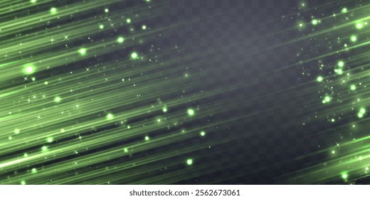 Green speed rays, velocity light neon flow, zoom in motion effect, glow speed lines, stripes with particles. Abstract background, vector illustration.