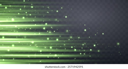 Green speed rays, velocity light neon flow, zoom in motion effect, glow speed lines, stripes with particles. Abstract background, vector illustration.