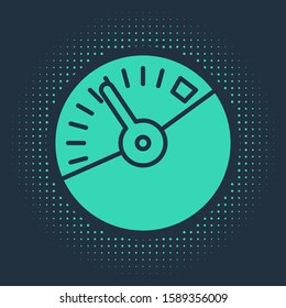 Green Speedometer icon isolated on blue background. Abstract circle random dots. Vector Illustration