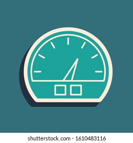 Green Speedometer icon isolated on blue background. Long shadow style. Vector Illustration