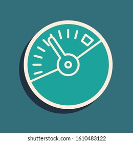 Green Speedometer icon isolated on blue background. Long shadow style. Vector Illustration