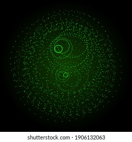 Esfera verde compuesta de partículas. Elementos modernos del armazón de alambre. Esfera de cuadrícula tecnológica. Ilustración vectorial.