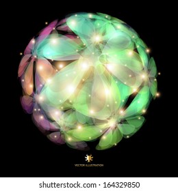 Green sphere with translucent sparkling floral pattern isolated on black background. Abstract floral illustration. Vector background. 