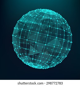 Green sphere with triangles and polygons from lines connected points. Black monotone background.