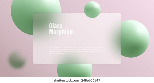 Green spheres and glass transparent frame, background in glass morphism style.