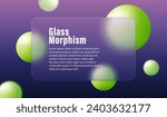 Green spheres and transparent rectangular glass banner. Dark glass morphism background with space for text.