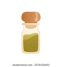 Green spice in bottle in flat design. Aromatic dry powder condiment. Vector illustration isolated.