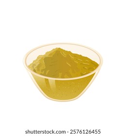 Green spice in bowl in flat design. Aromatic condiment, bay leaf or matcha powder. Vector illustration isolated.