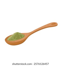 Green spice in spoon in flat design. Cooking condiment, bay leaf or matcha powder. Vector illustration isolated.