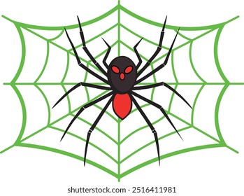 A green spider web with a Black spider, Halloween widow red eye black spider vector illustration.