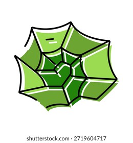Grüne Spinnennetz-Illustration mit einer kreisförmigen Form mit komplizierten radialen und spiralförmigen Fäden, die eine klassische Netzstruktur bilden, die Natur, Insekten und Halloween-Konzepte darstellt
