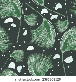 Green spikelets and light spots on a black background, vector pattern suitable for fabric, paper, textiles.