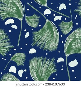 Espinillas verdes y manchas luminosas sobre un fondo azul, patrón vectorial adecuado para tela, papel, textiles.