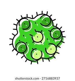 Microrganismo espião verde ou célula patogênica com detalhes de superfície circulares, simbolizando infecção viral ou bacteriana, doença, contágio e ameaça biológica microscópica para uso médico