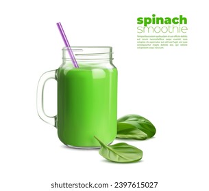 Green spinach detox smoothie or juice and organic vitamin drink in glass jar, realistic vector. Fresh spinach smoothie or shake in glass mug with drinking straw for summer healthy diet beverage