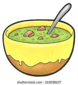 Green spinach soup puree in a bowl with croutons isolated on white background